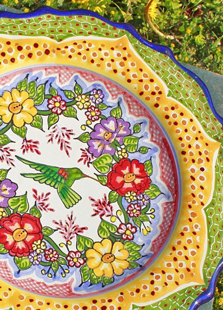 メキシコプエブラ州・陶器タラベラ焼き、ハチドリと花模様・壁掛け