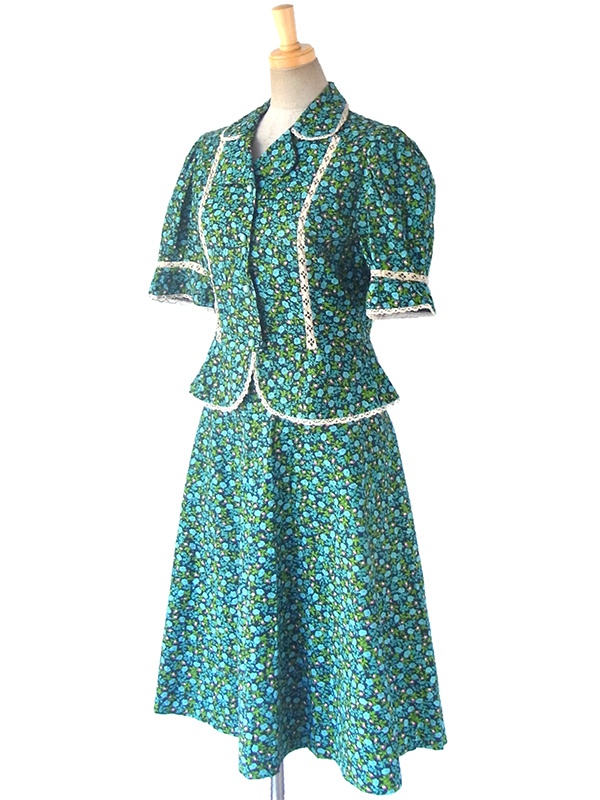送料無料】フランス買い付け 60年代製 ブルー・グリーン 小花柄 カット