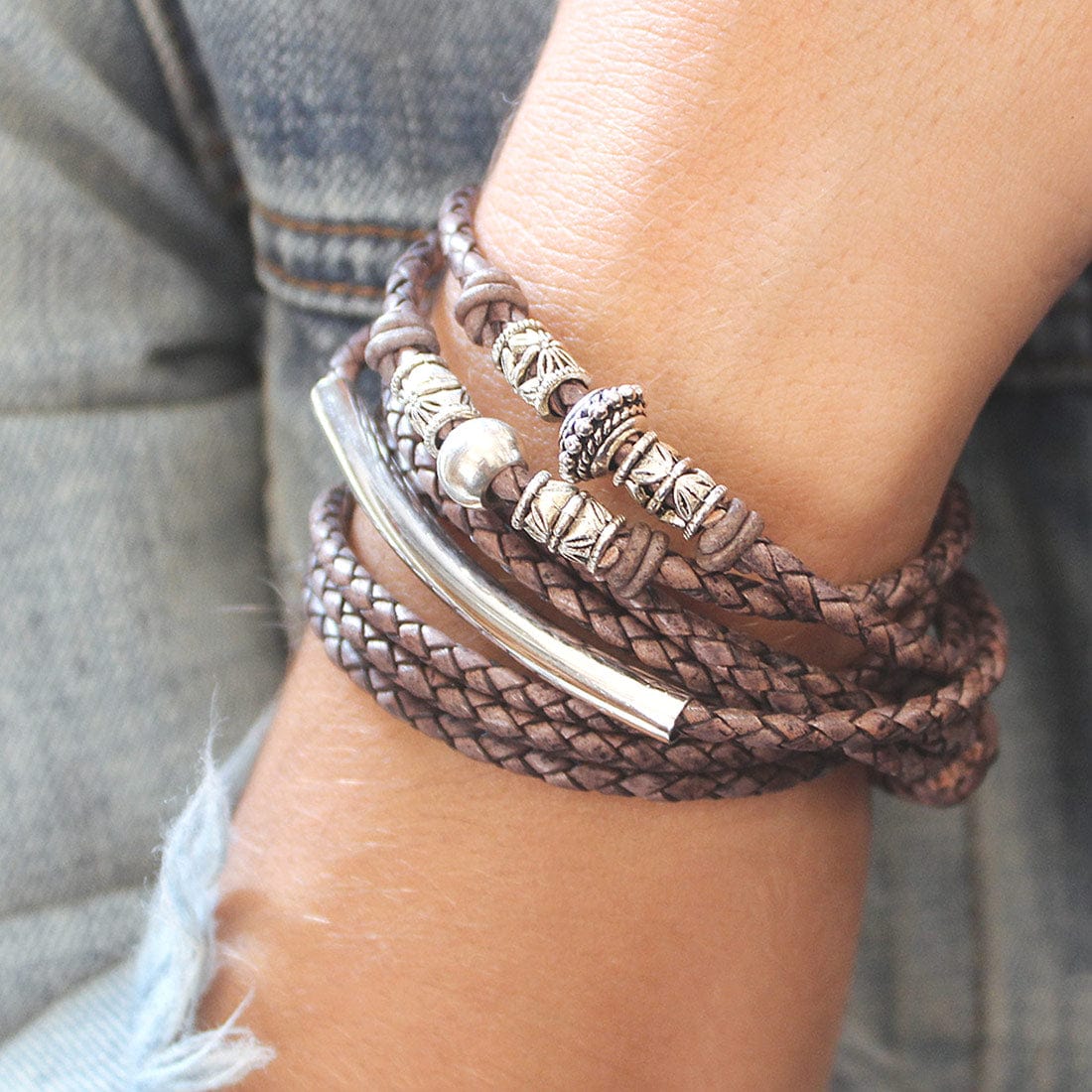 Naomi Braided Brown Leather Wrap Bracelet - Lizzy James