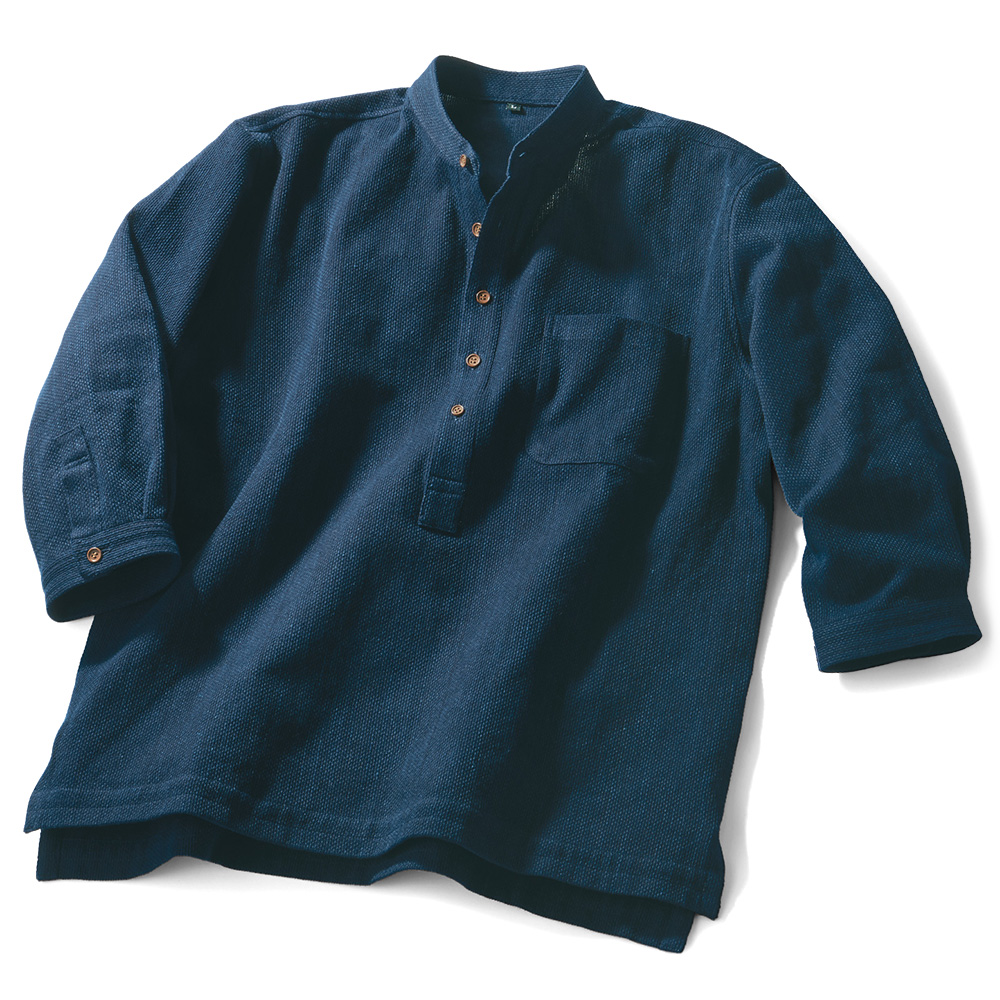 野川染織工業 藍染まめ刺子織りの七分袖スタンドカラーシャツ | ライト