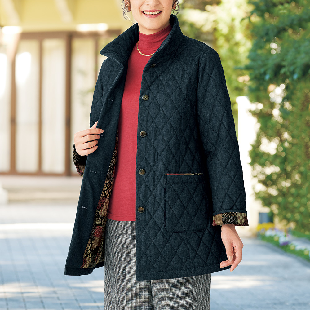 坂本デニム 江戸黒染めデニムのキルティングハーフコート／レディス