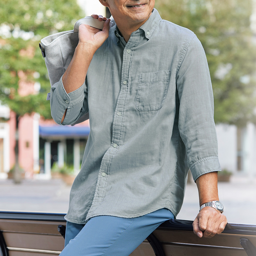 植山織物 播州織ダブルガーゼの七分袖シャツ／裏ストライプ | ライト