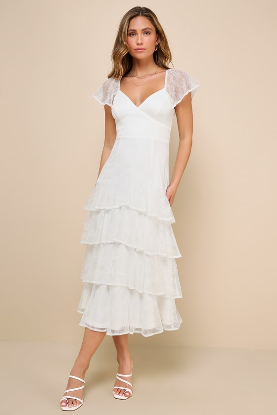 White Lace Midi Dress - Tiered Midi Dress - Flutter Sleeve Dress