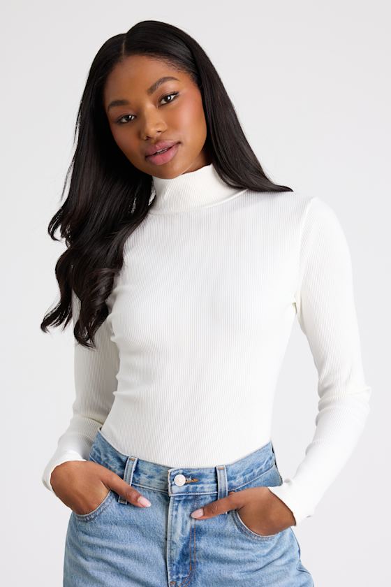Ivory Long Sleeve Bodysuit - Mock Neck Bodysuit - Ribbed Bodysuit