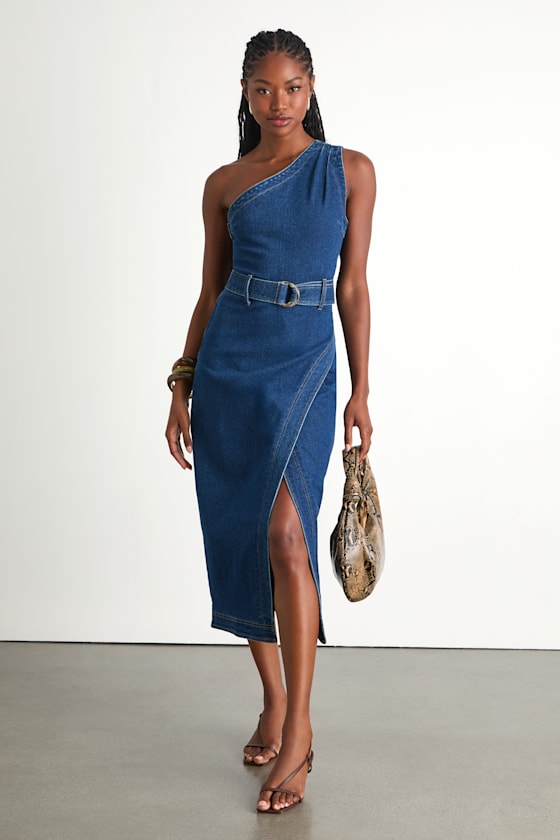 Medium Wash Dress - Belted Denim Dress - One-Shoulder Midi Dress