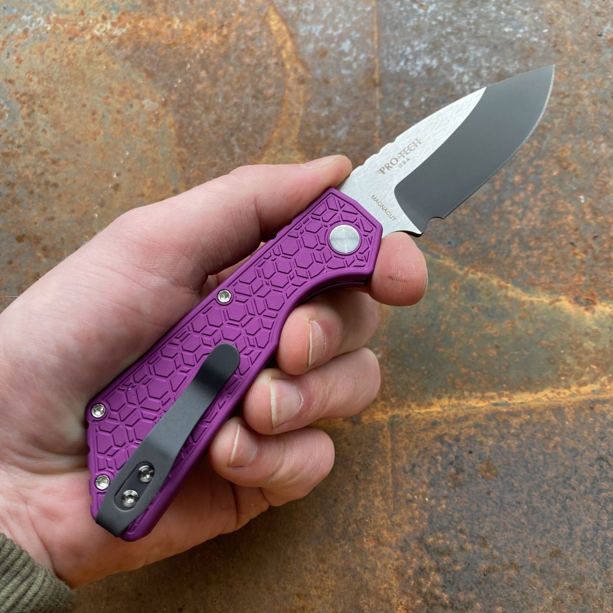 Pro-Tech Strider PT+ Auto Purple Aluminum Gridlock 2 Tone MagnaCut
