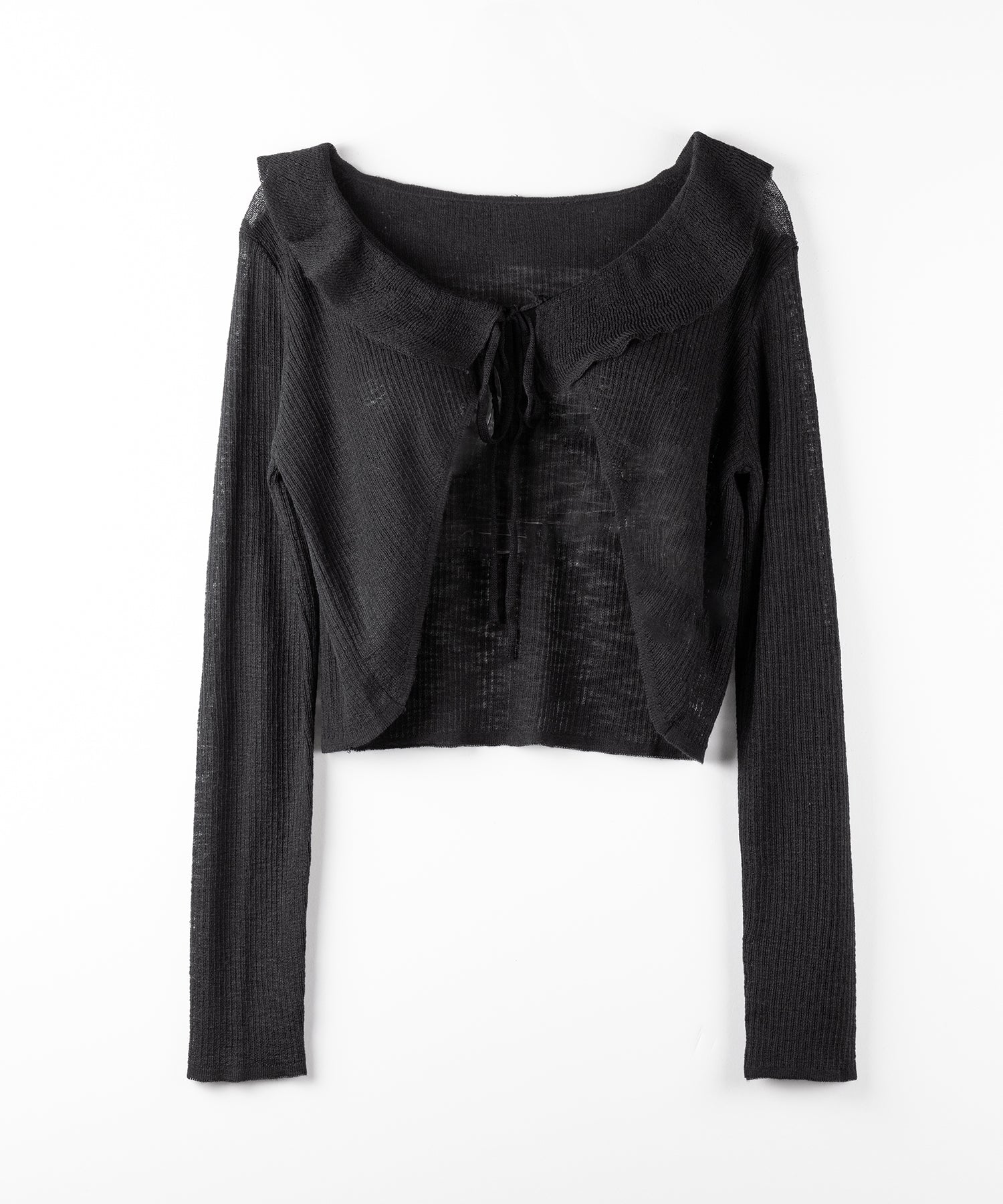 2color 】襟付きフロントリボンシアーニットショートカーディガン