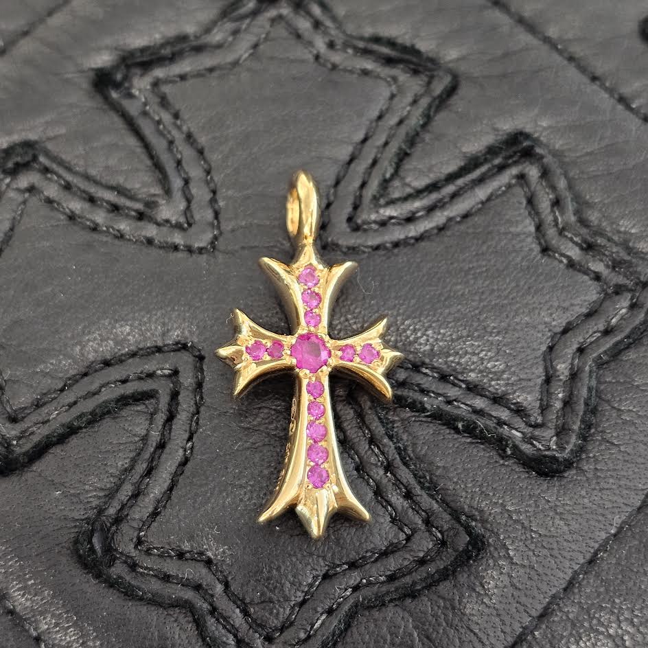 CHROME HEARTS 22K Tiny Fat Cross Pave Pink Sapphire Pendant Top