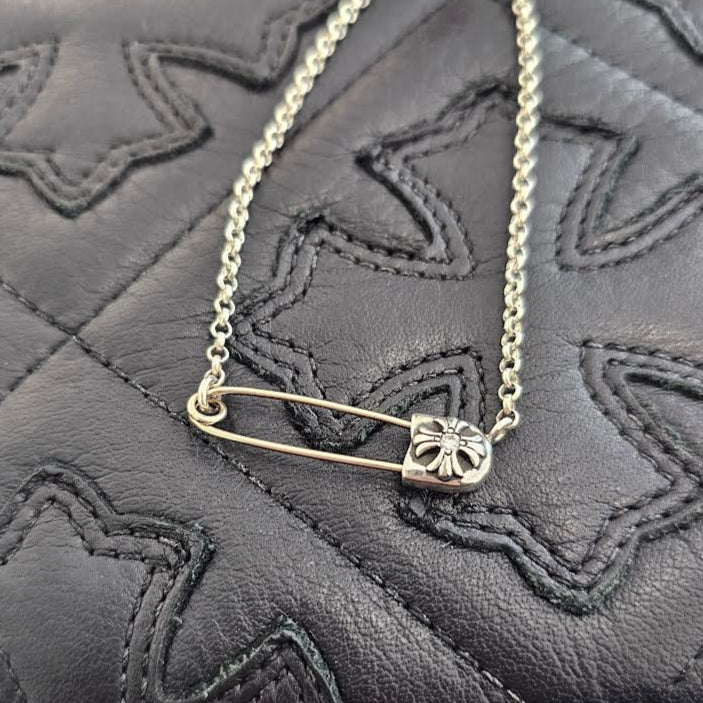 CHROME HEARTS Safety Pin 1 Diamond Roll Chain Necklace Pendant Top