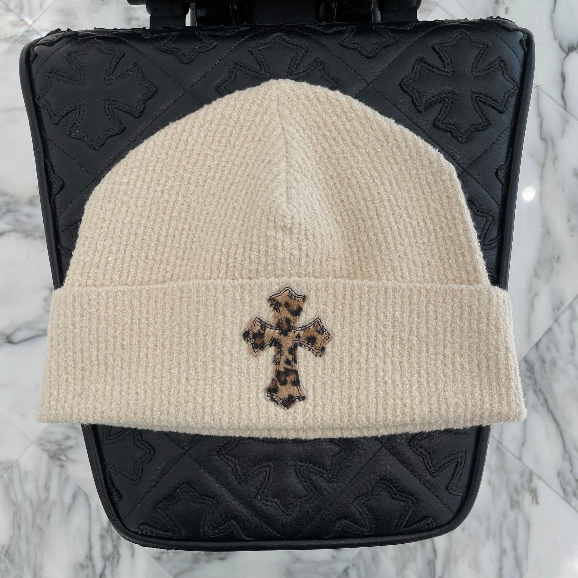 CHROME HEARTS 2024AW Leopard Harako Leather Cross Patch Beanie