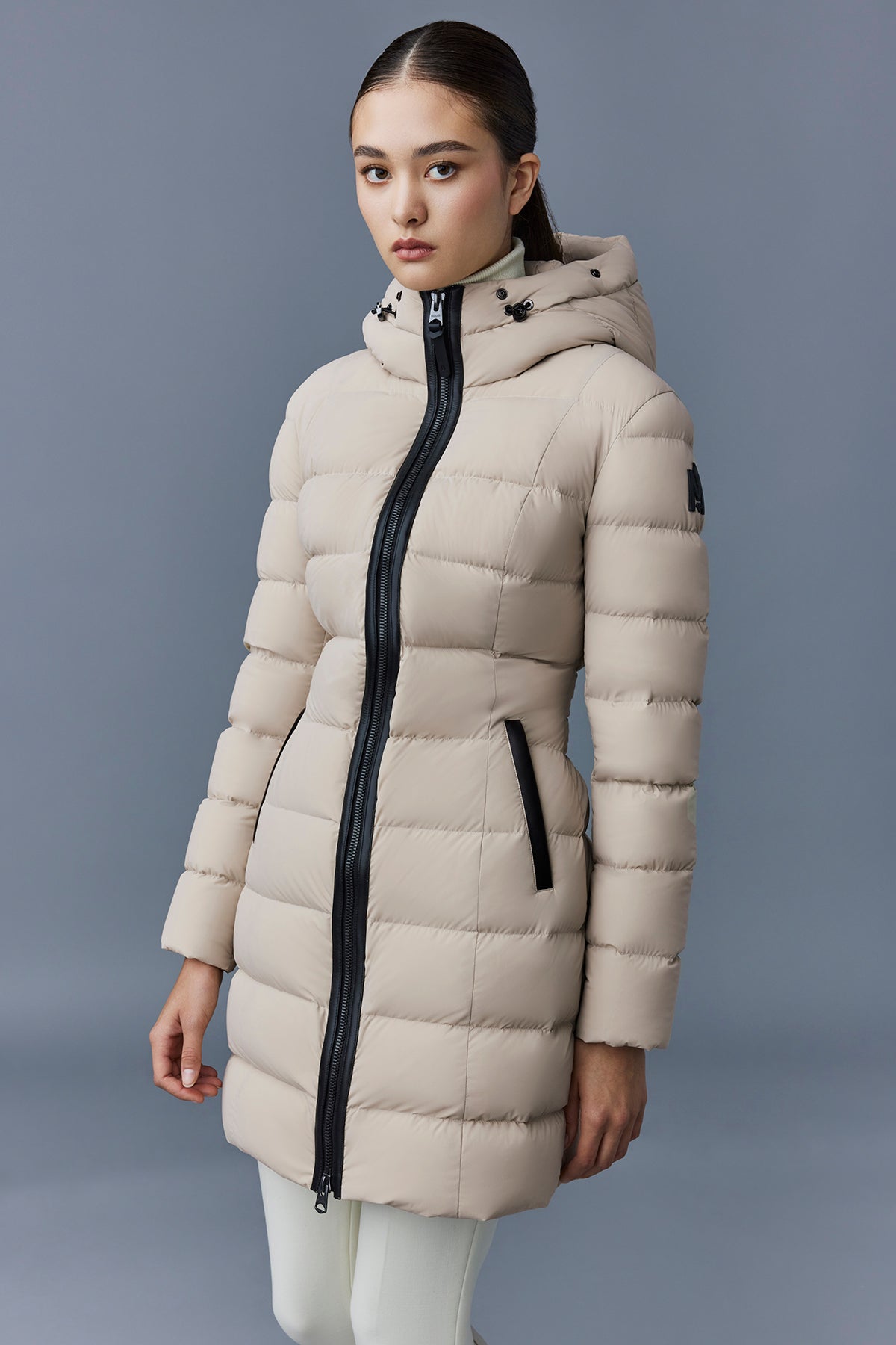 Calla, Agile-360 stretch light down coat with blue fox fur collar