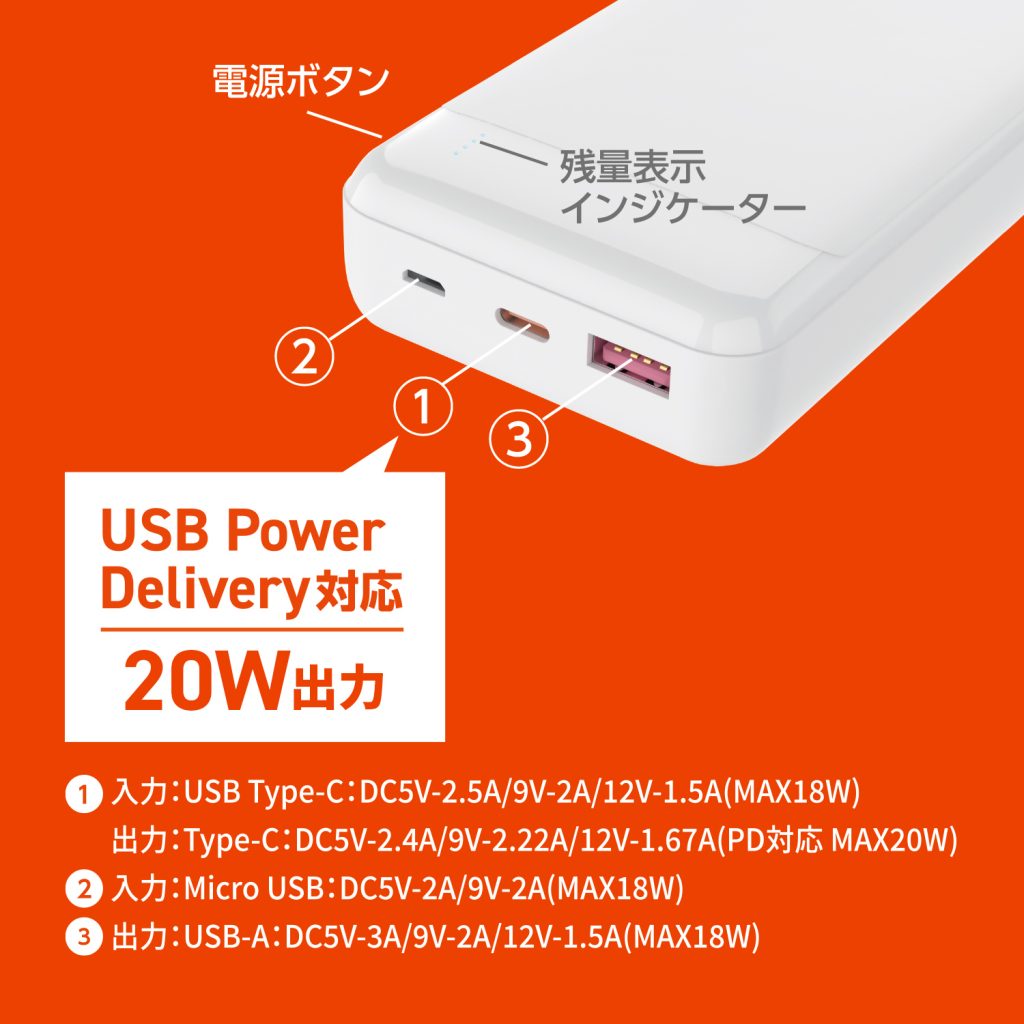 HIDISC PD20W, QC3.0対応 20000mAhモバイルバッテリー ホワイト HD3