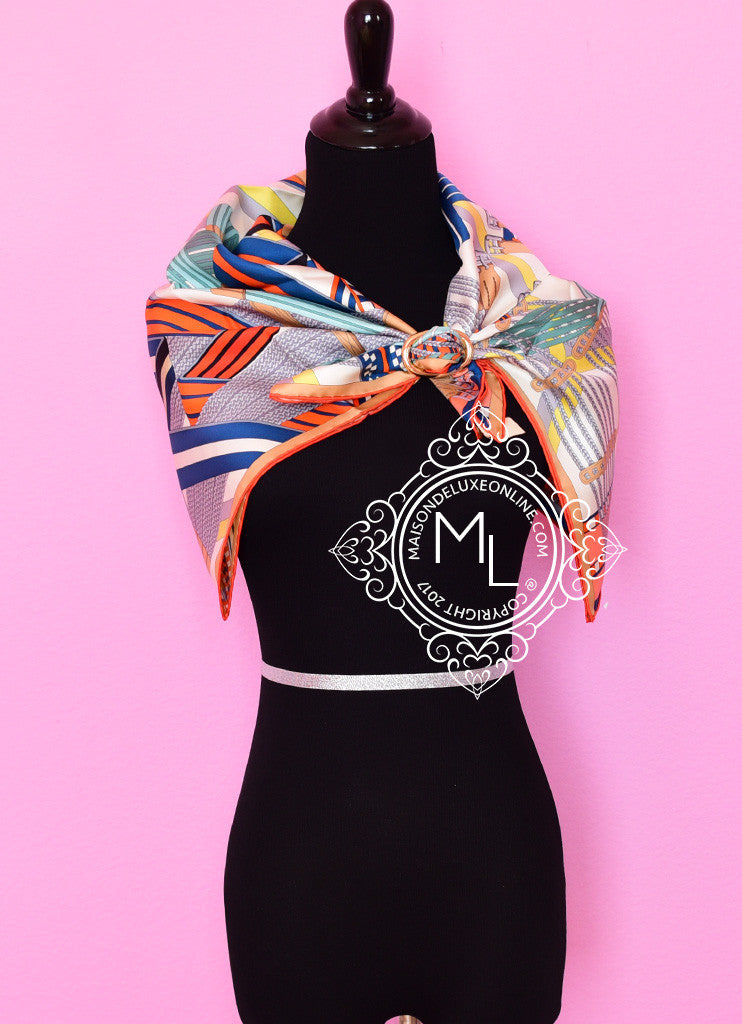 Hermes Ivory Aqua Twill Silk 90 cm Sangles en Zigzag Scarf Shawl