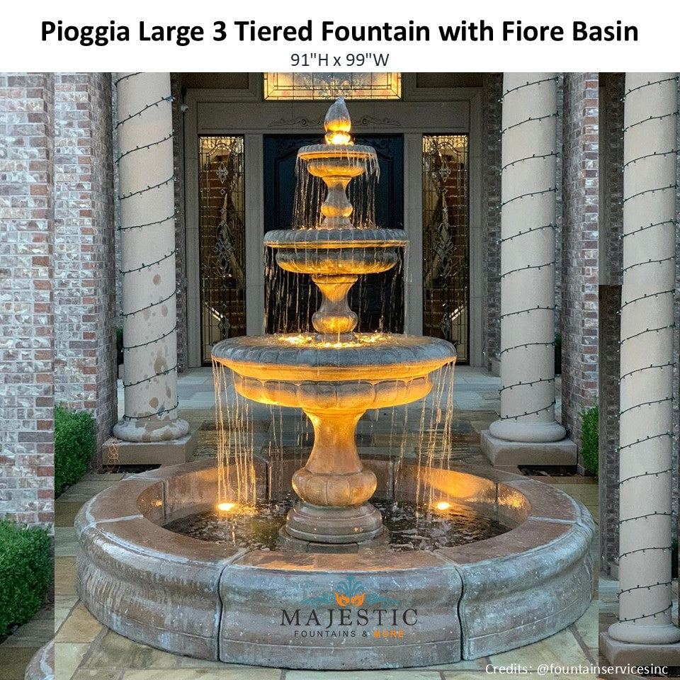 Fiore Stone Pioggia Large 3 Tier Fountain with Basin AGA-LG163-FR