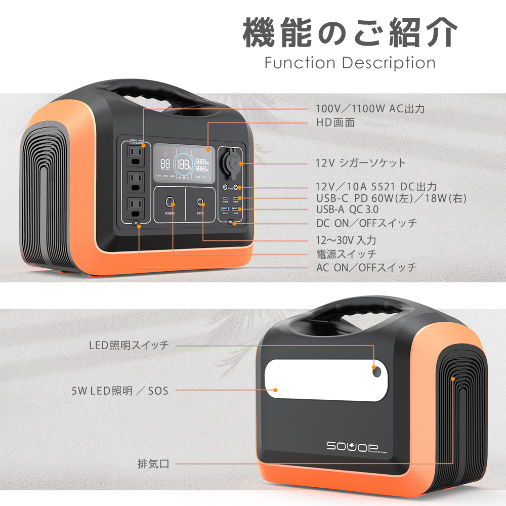 ポータブル電源1200W／310000mAh／992Whの通販】安心のLiFePO4リン酸鉄
