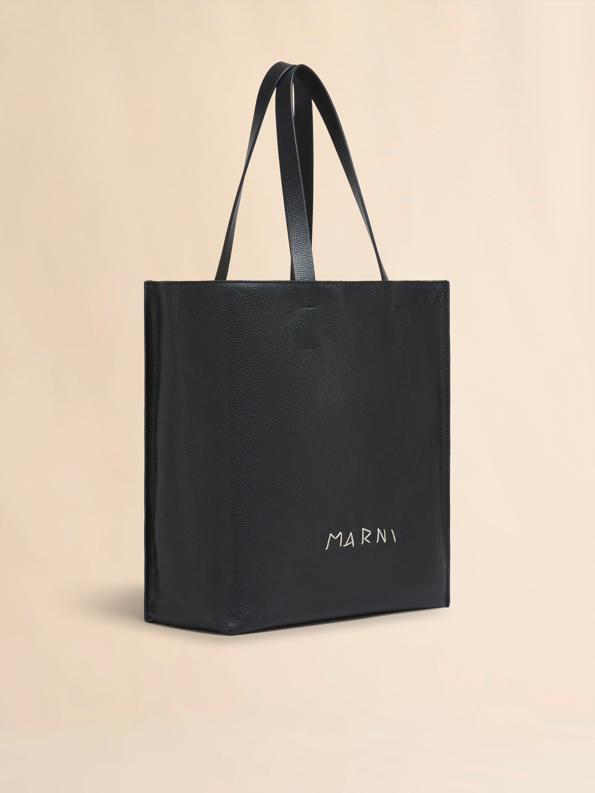 Black leather Museo Soft Tote large with Marni Symbol embroidery