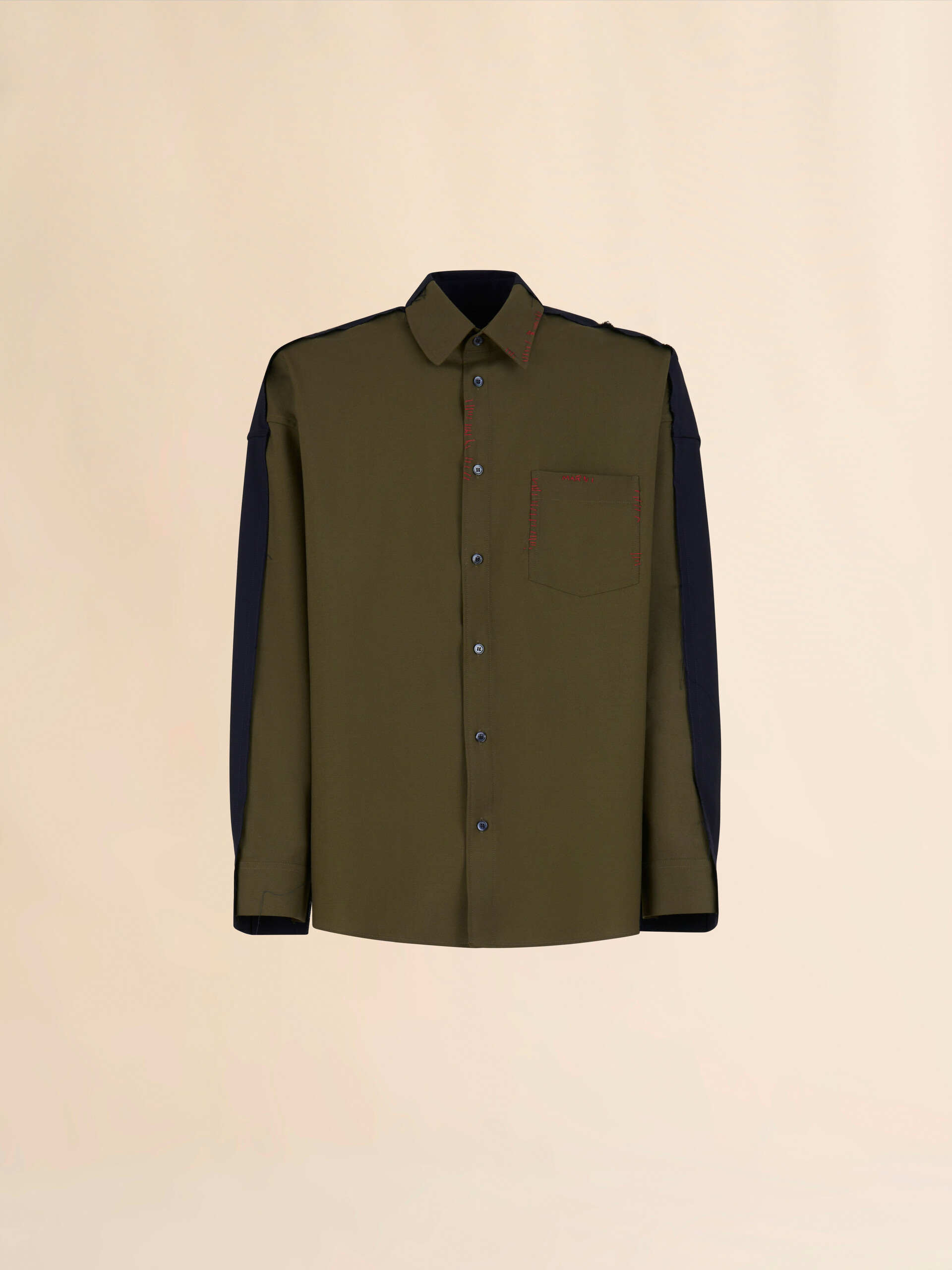 ディープグリーン トロピカルウール製シャツ コントラストカラーの