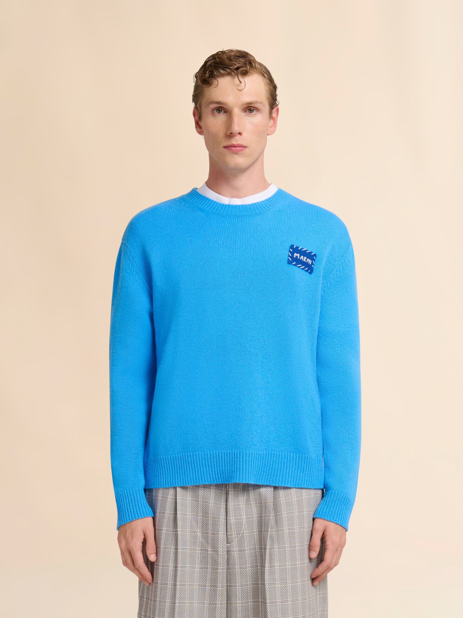 Bright blue cashmere sweater with Marni patch | Marni