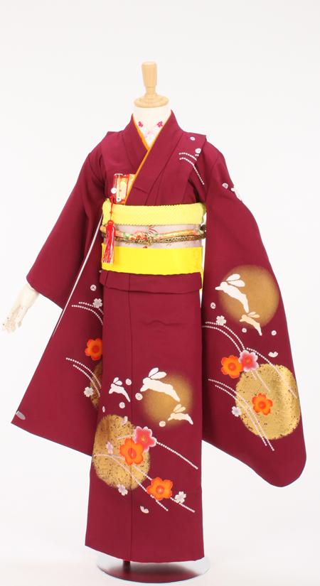 七五三/7才着物レンタル/髪飾り付19点セット/小豆色/月うさぎの柄/R7