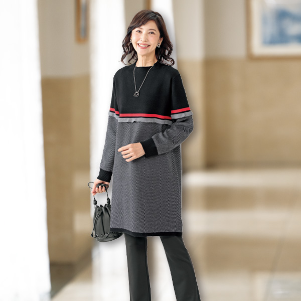 ヘリンボーンジャカード ライン使いニットチュニック | 京都通販ミセス