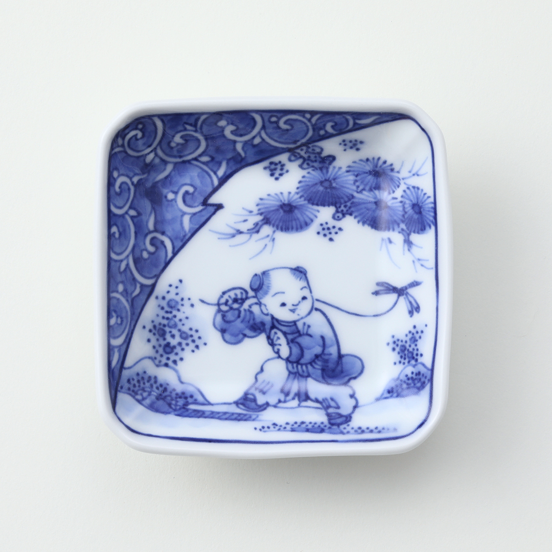 古伊万里 染付 笛吹童子に牛の図 豆皿 C873AS-BWn 古伊万里 染付 笛吹