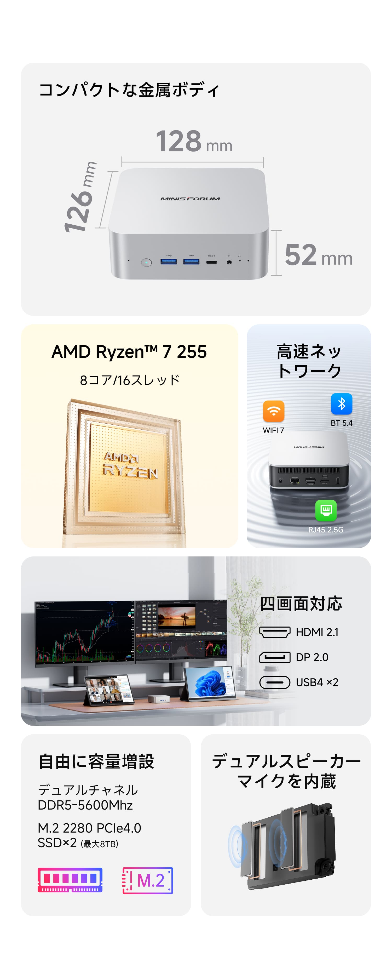 Minisforum AI X1 ミニPC｜AMD Ryzen™ 7 255・Ryzen™ AI 9 HX470