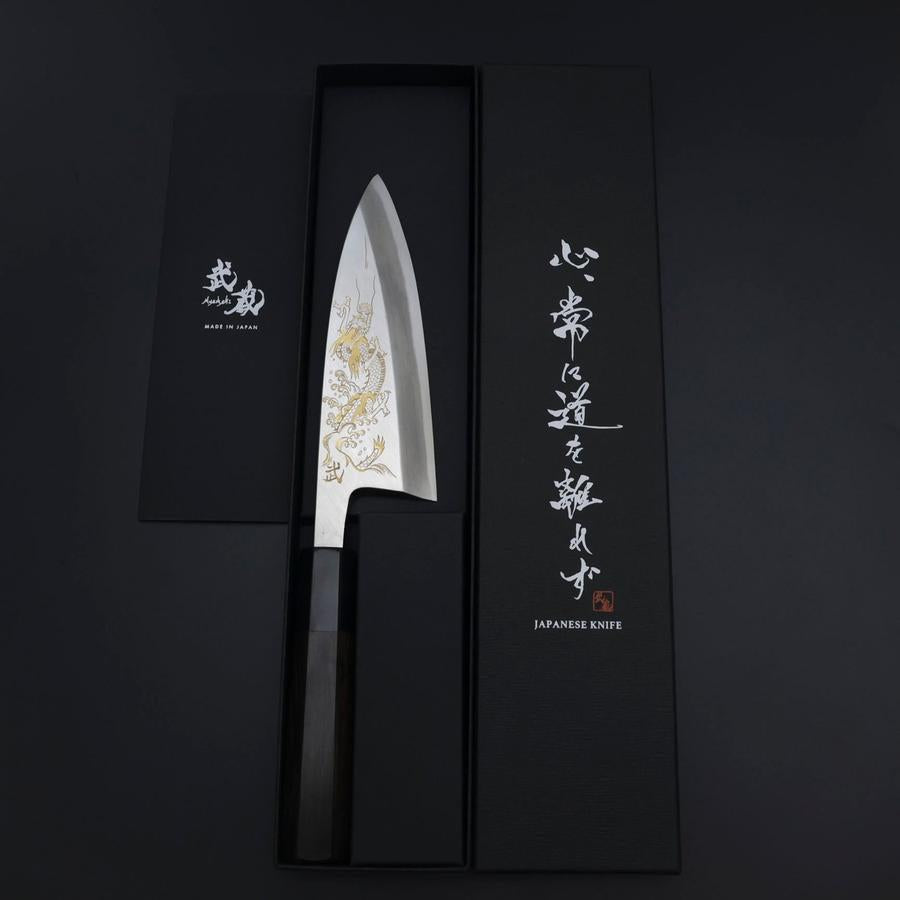 Deba White Steel #2 Kasumi Chokin Silver Dragon Buffalo Ebony