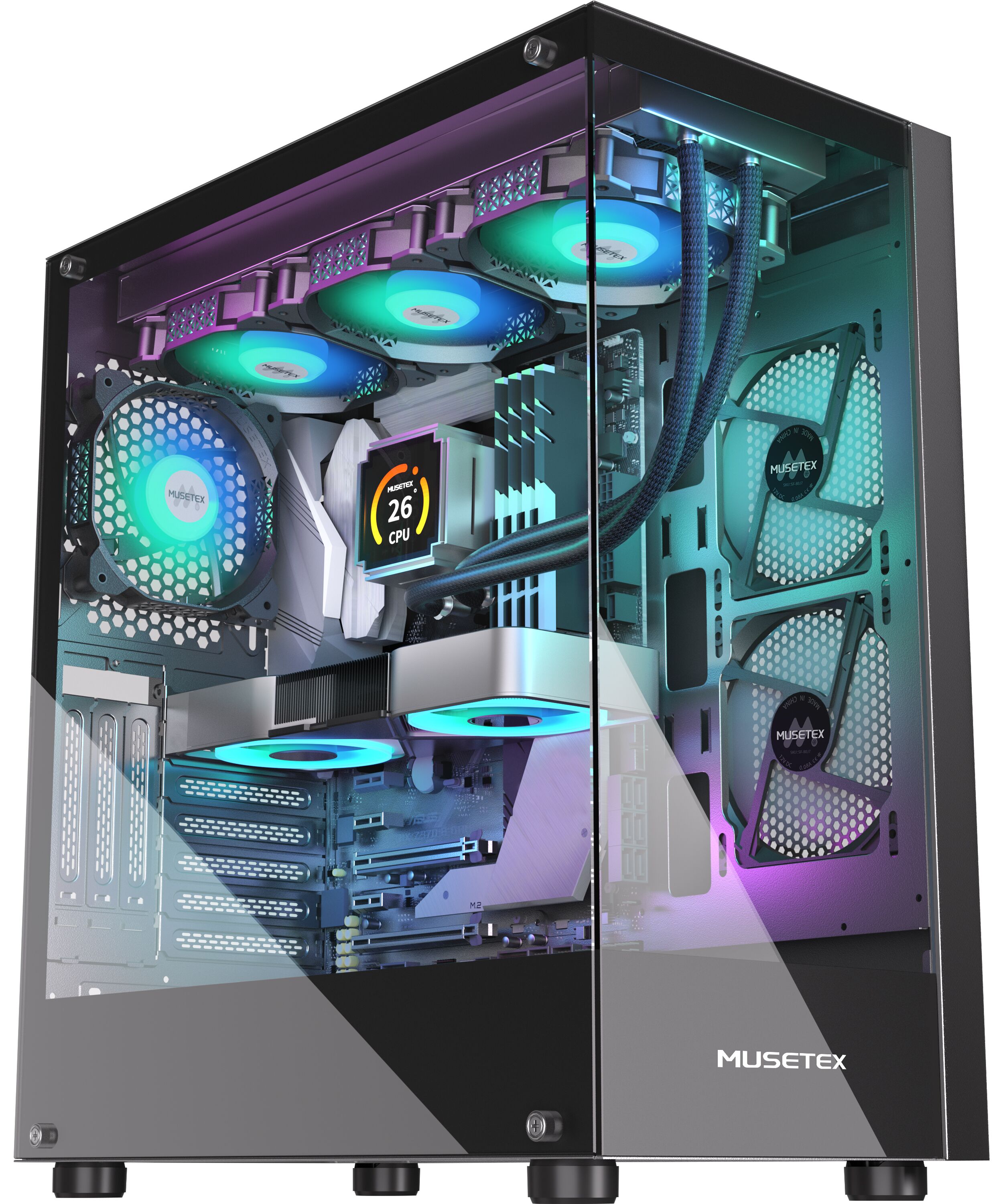K2-N4 MUSETEX PC CASE E-ATX Pre-install 4 PWM ARGB Fans & 2 Side Fans,