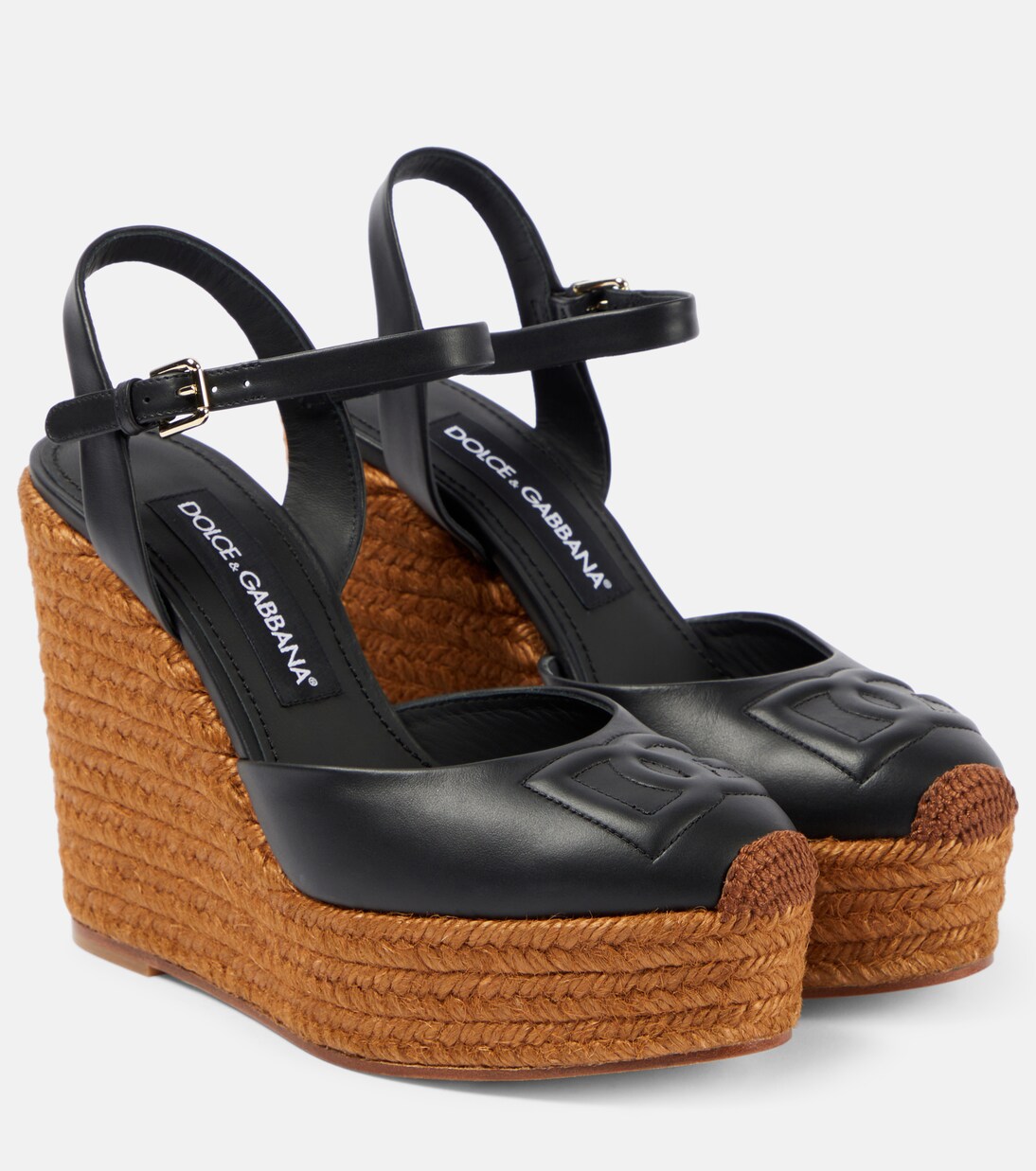 Logo embroidered leather wedge espadrilles in black - Dolce