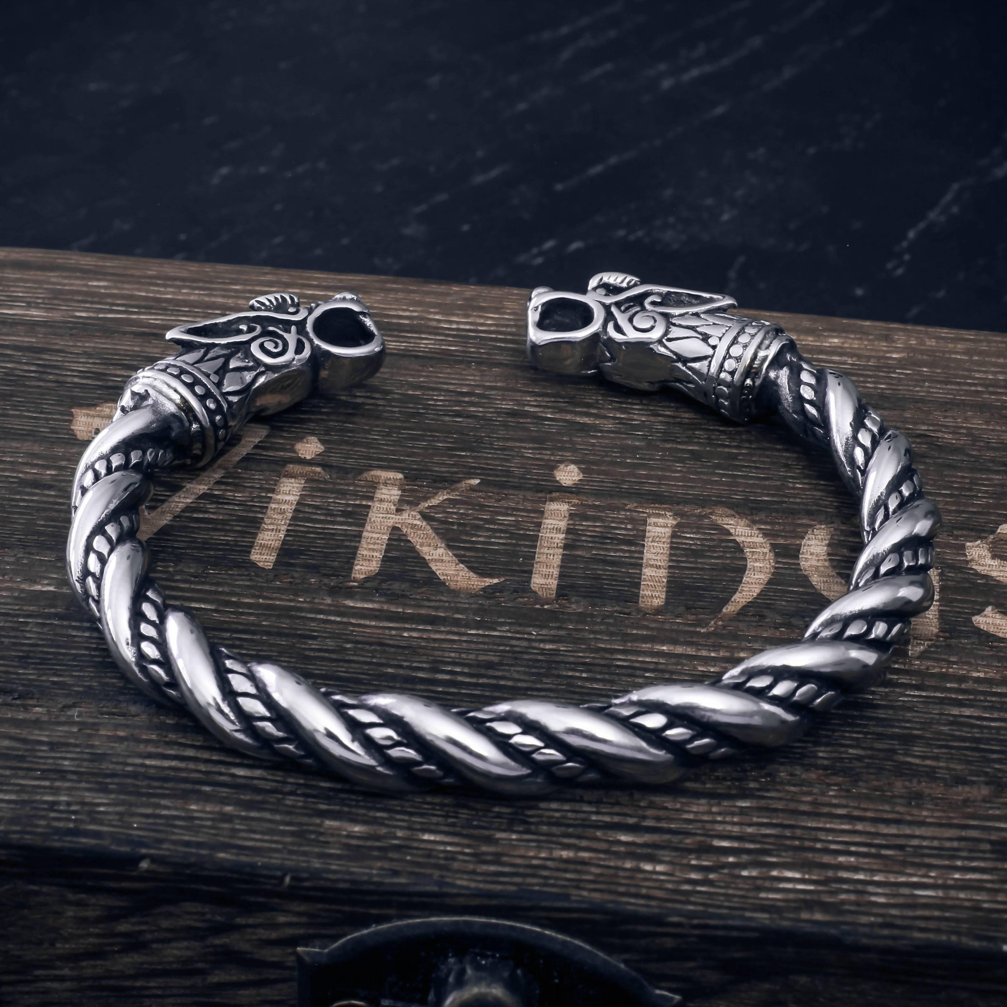 Viking Wolf Head Torque Bracelet – 925 Sterling Silver Norse Arm Ring