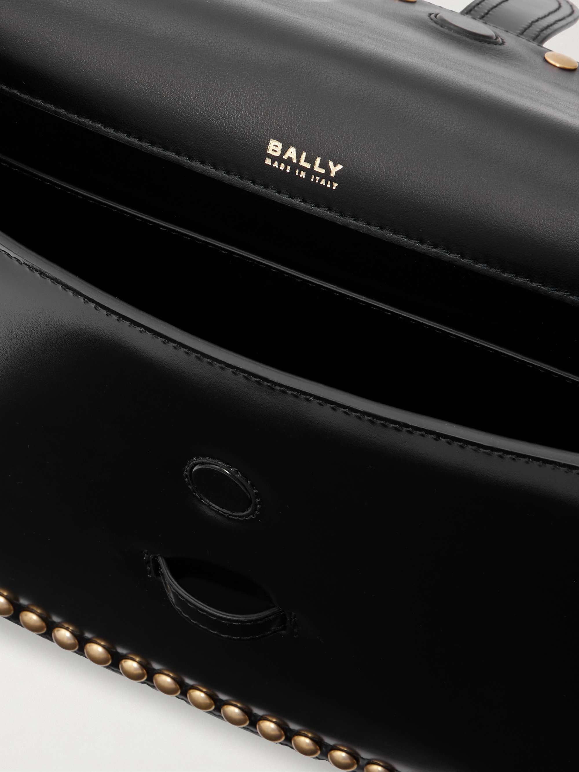 BALLY Beckett Flat medium studded glossed-leather shoulder bag