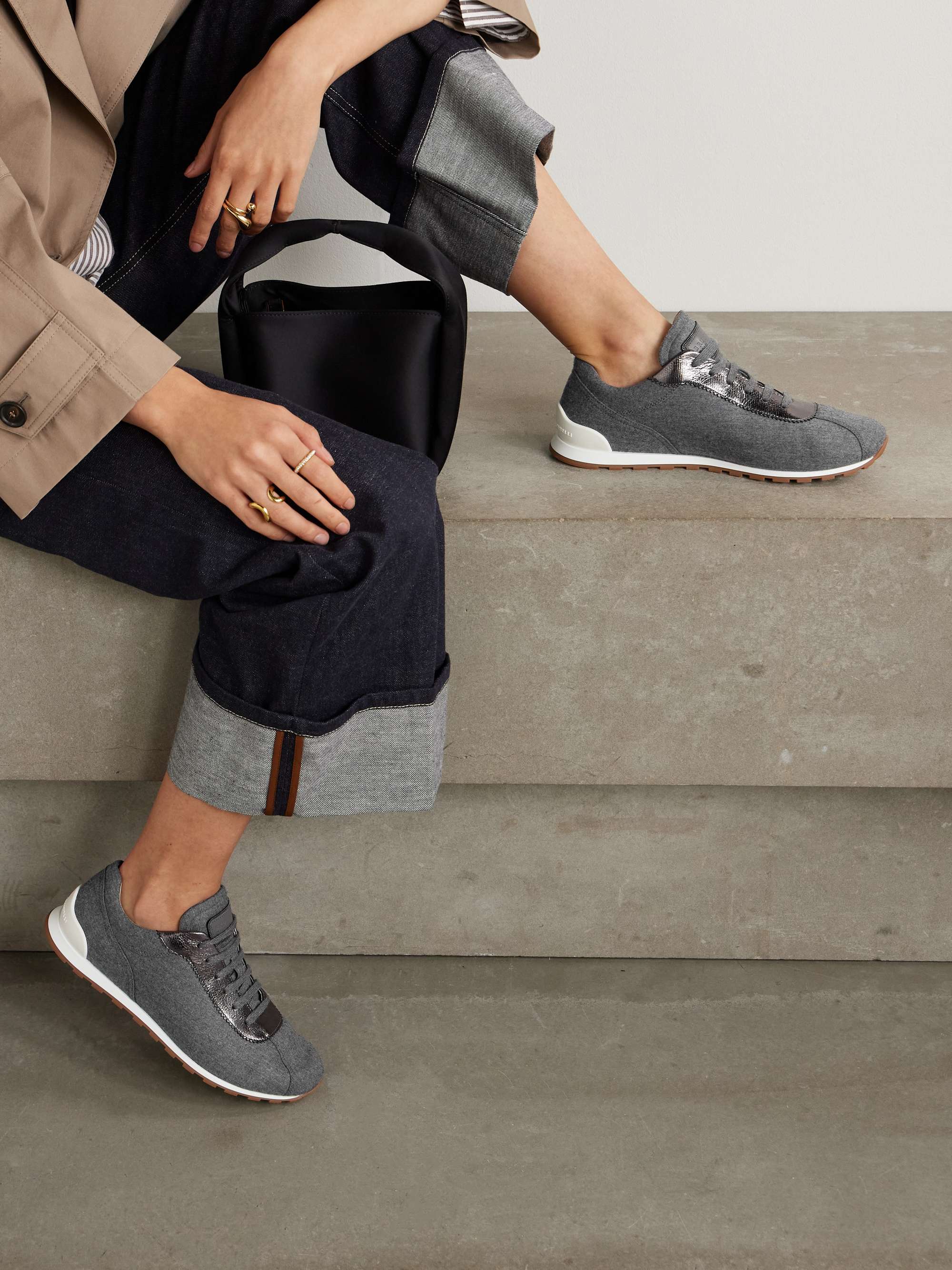 BRUNELLO CUCINELLI Metallic leather-trimmed wool sneakers | NET-A