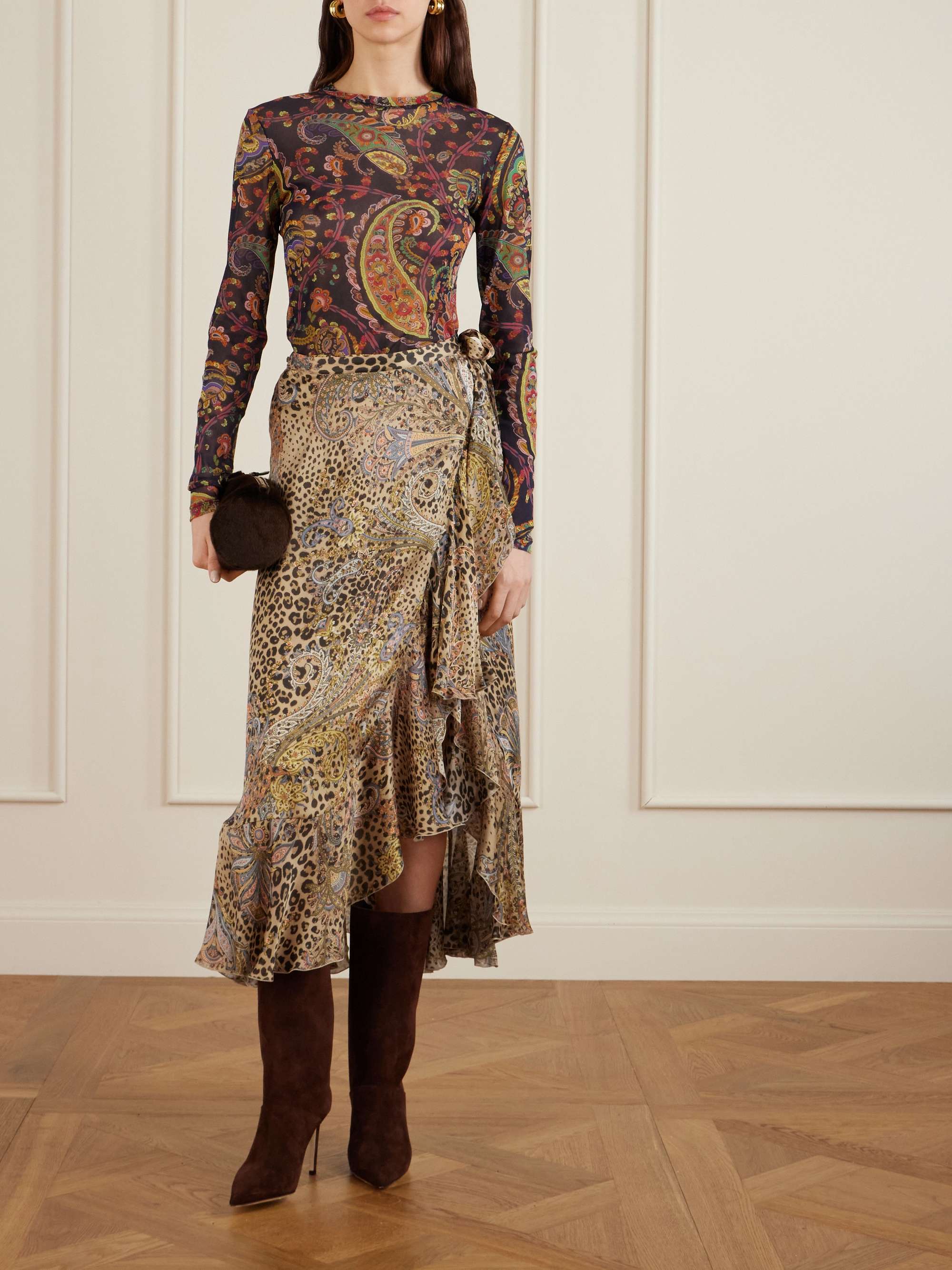 ETRO Ruffled leopard and paisley-print silk-satin midi wrap skirt