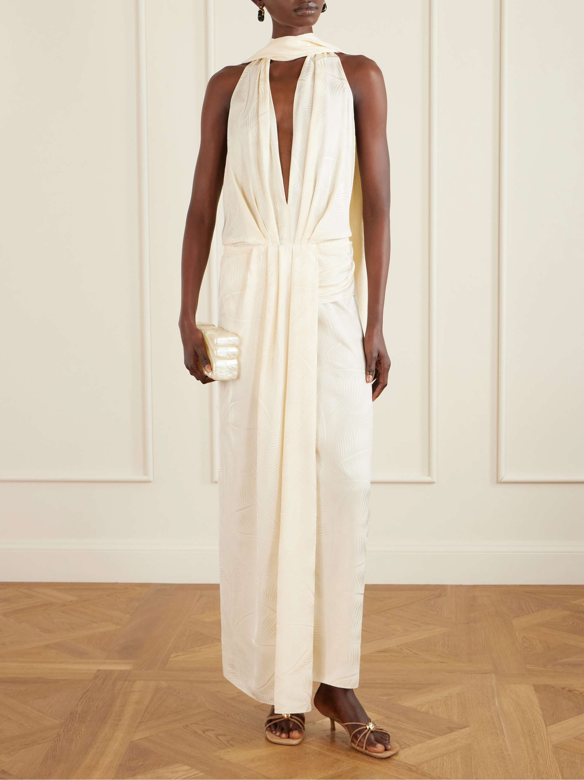 JOHANNA ORTIZ Wildly Beautiful tasseled satin-jacquard halterneck