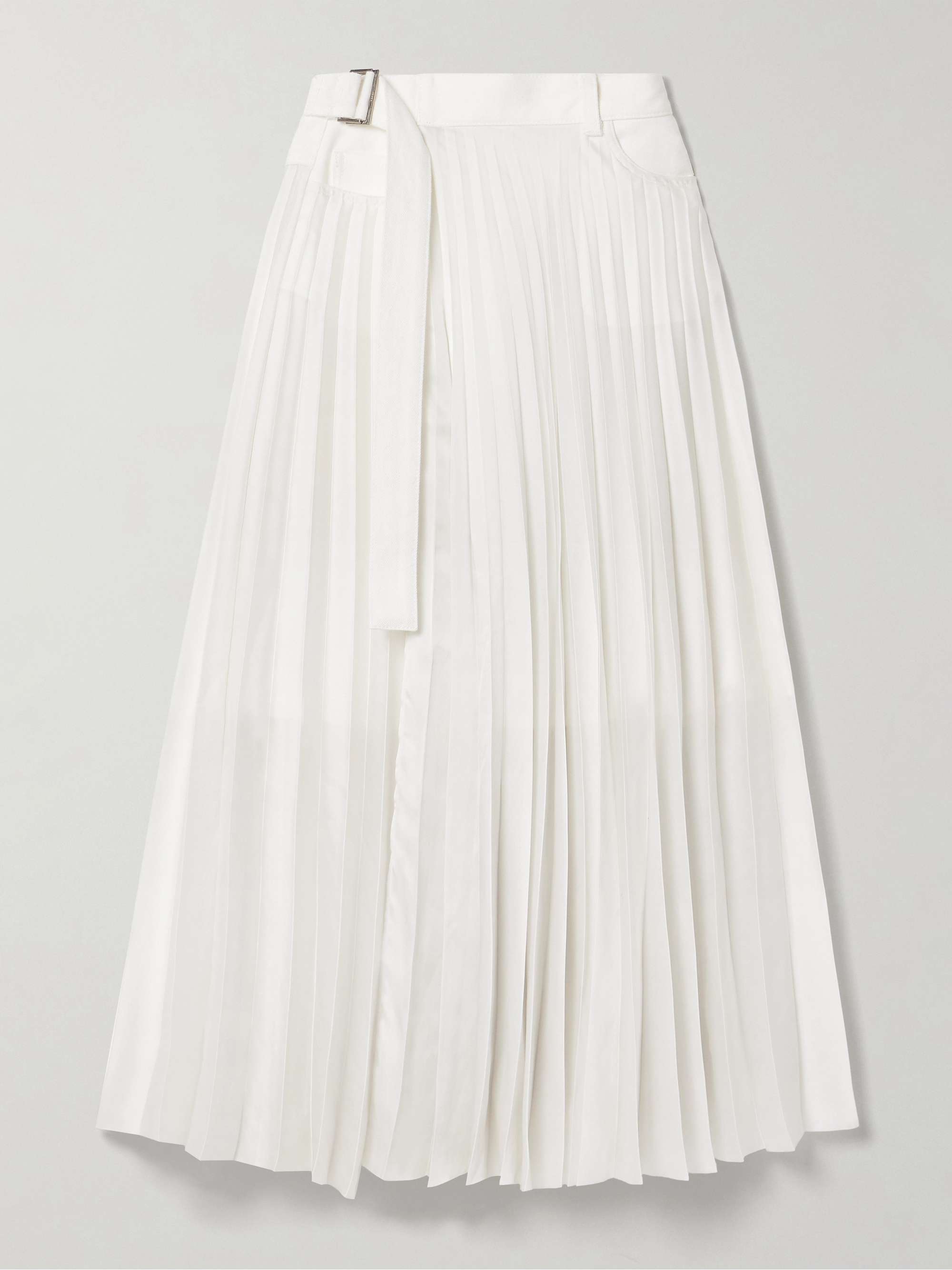 SACAI Belted denim-trimmed pleated satin midi wrap skirt | NET-A