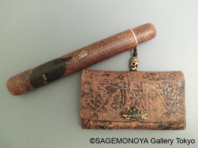 鷺図蒔絵網代編煙管筒提革煙草入－煙管筒｜根付専門店「提物屋」