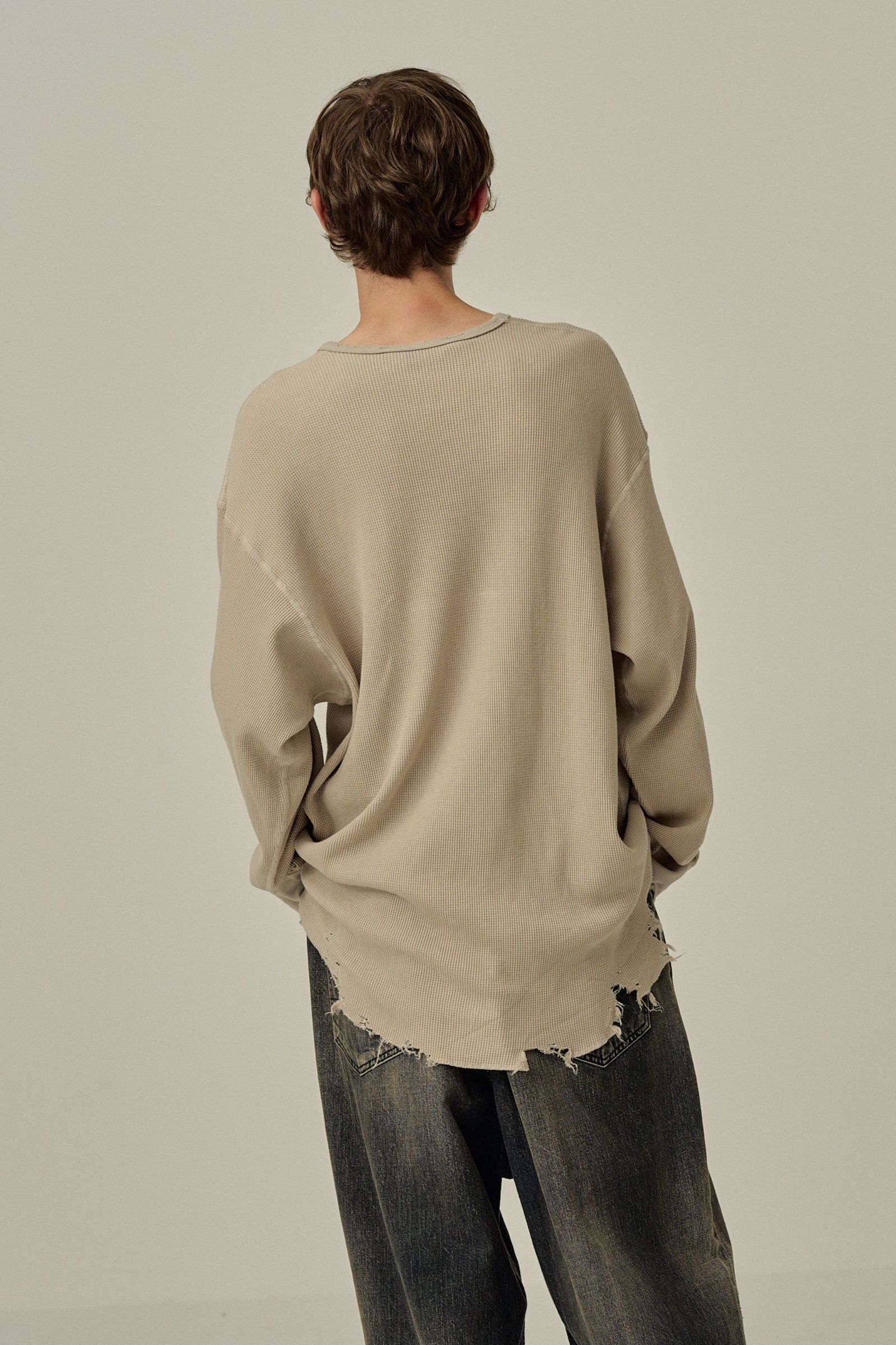ANCELLM - DAMAGE WAFFLE CREW LS T-SHIRT | GREIGE | ダメージ