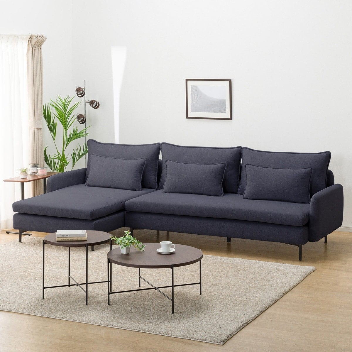 広い座面のゆったり 3人掛けソファ + シェーズセット 布張りタイプ