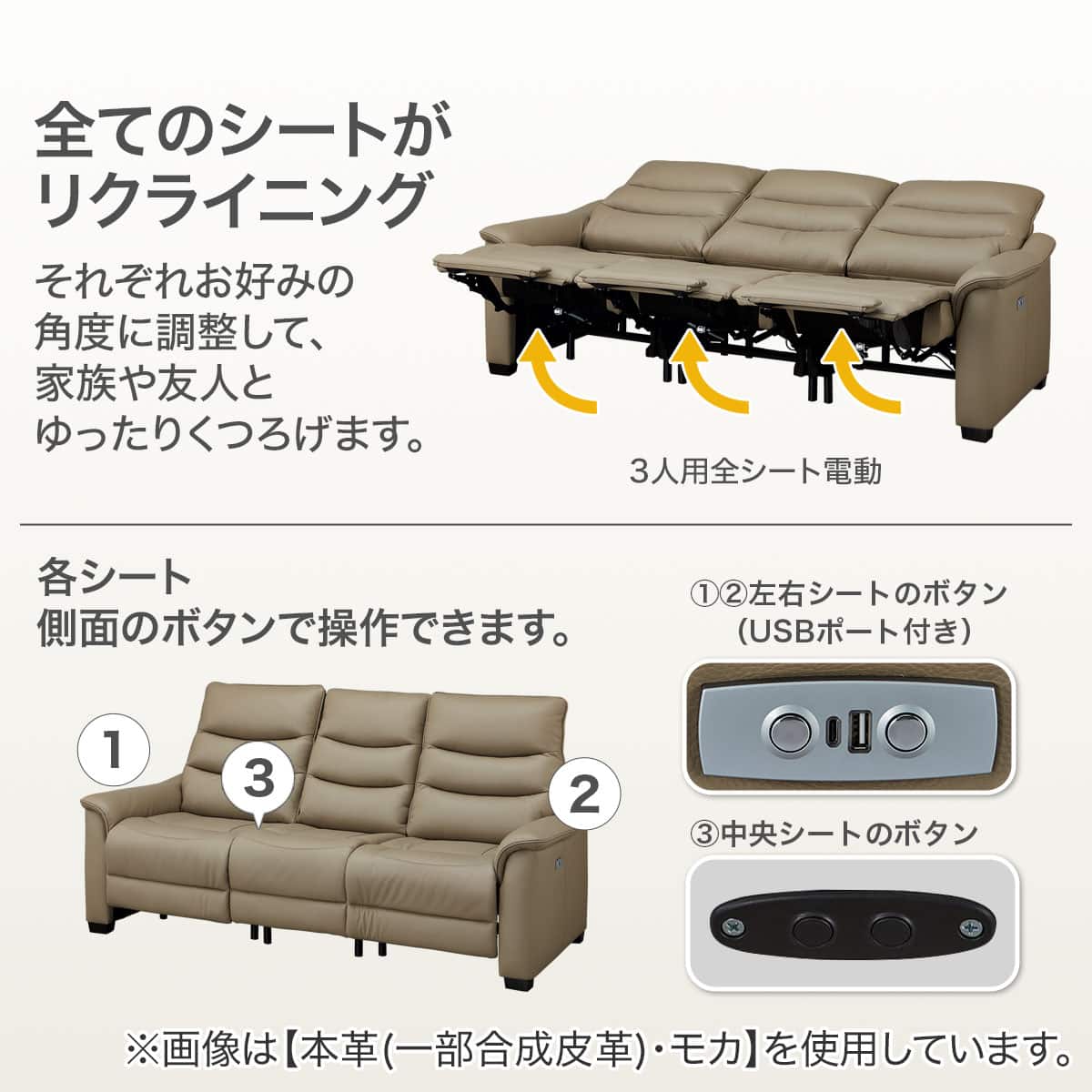 3人掛け全シート電動リクライニングソファ 厚革(一部合成皮革)タイプ