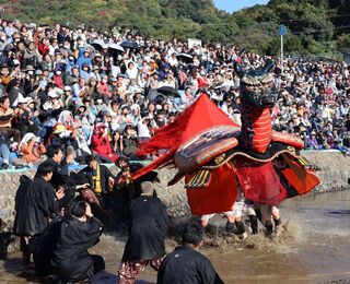 観覧席前で勇壮に駆け回る「亀蛇」＝23日午後2時20分ごろ、熊本県八代