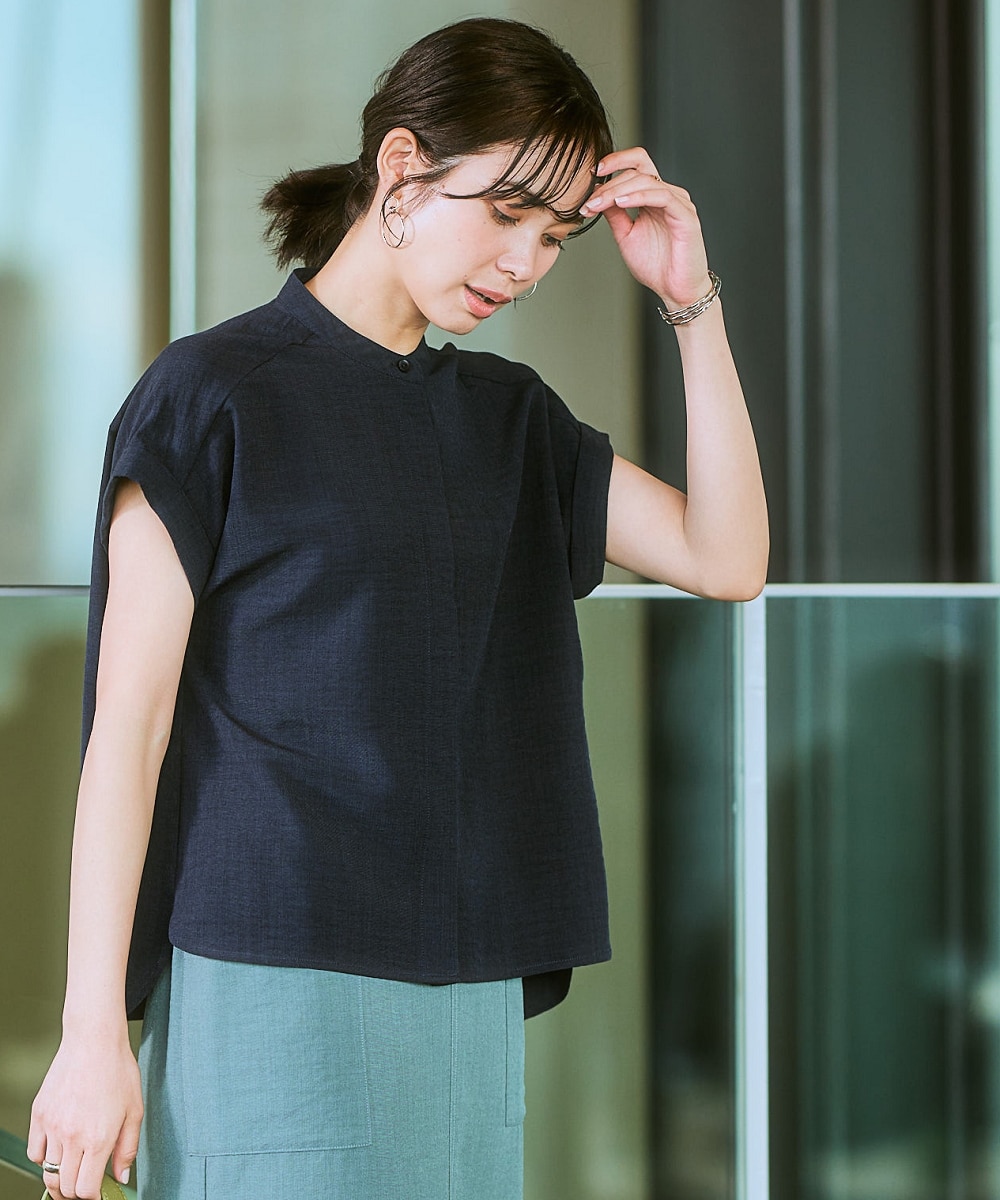 麻調合繊バンドカラー半袖ブラウス（しわになりにくい・接触冷感・UV