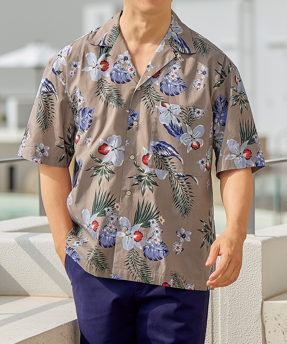 オーバーサイズ綿100％オープンカラー5分袖アロハシャツ