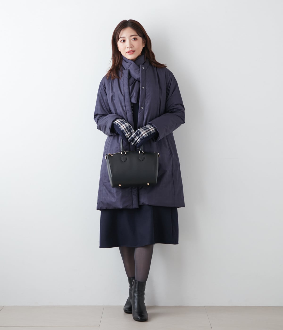 L】エンボスシャドー・ニューヨーカータータン 中綿コート（マフラー