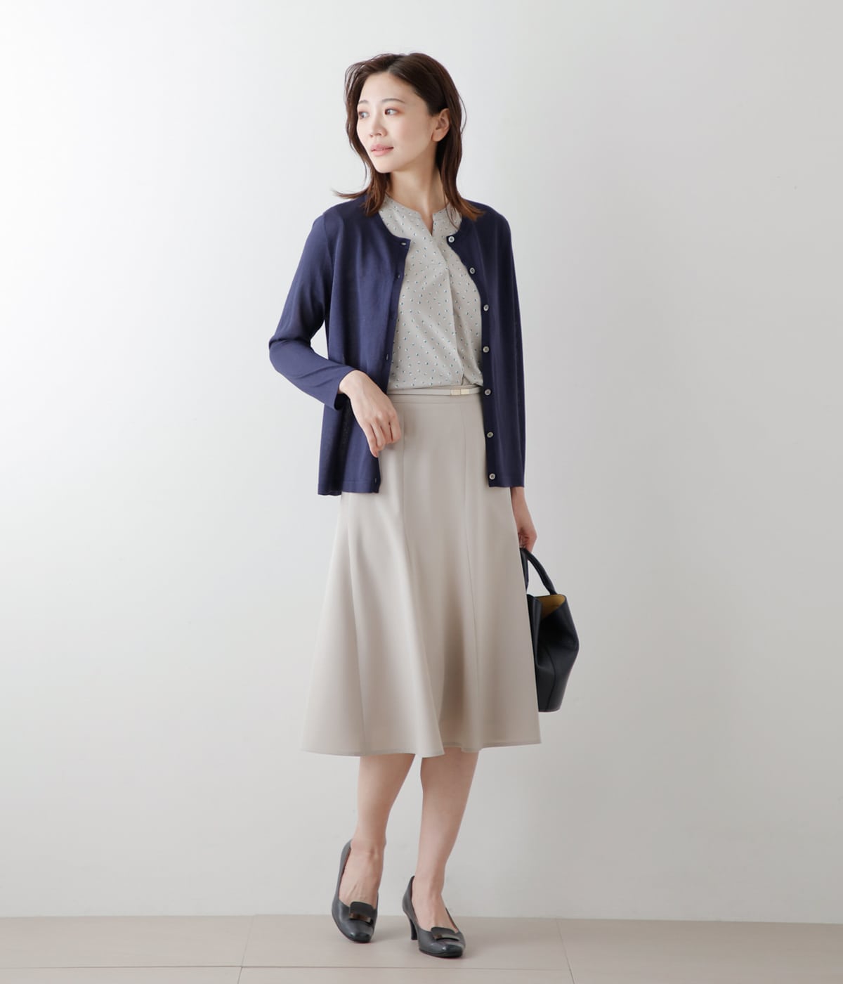 ヴィスコースポリエステル天竺 9分袖クルーネックカーディガン