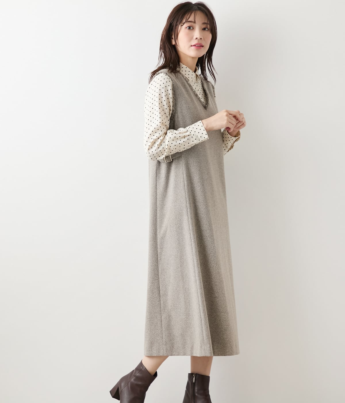 L】【ウォッシャブル】TRツイルツィード Vネックジャンパースカート