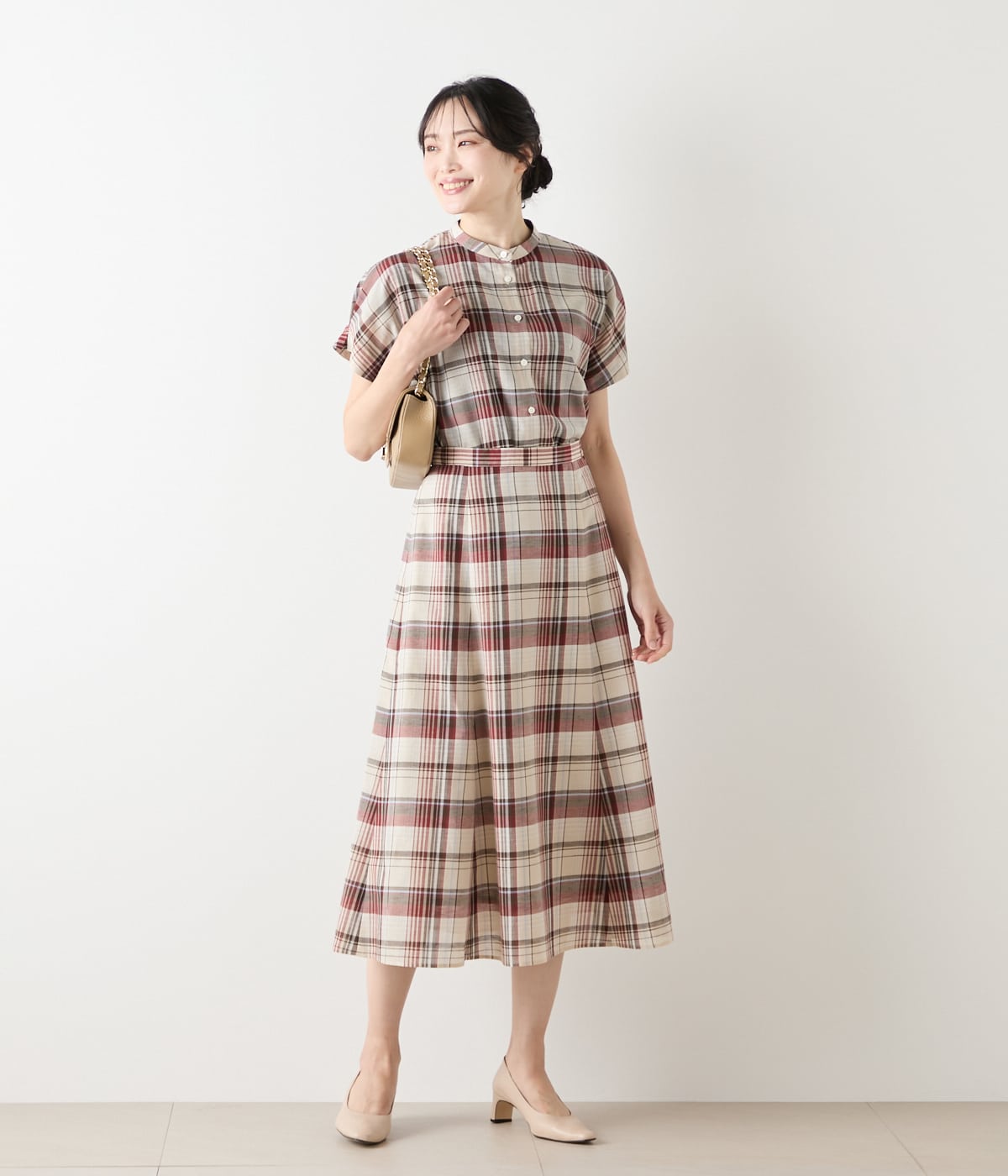 リネン混マドラスチェック ドルマンスリーブブラウス(51655263-2025