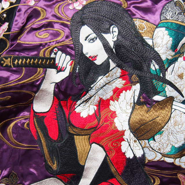スカジャン 【抜刀娘】妃那×凛 刺繍 リバーシブル パープル/シャンパン