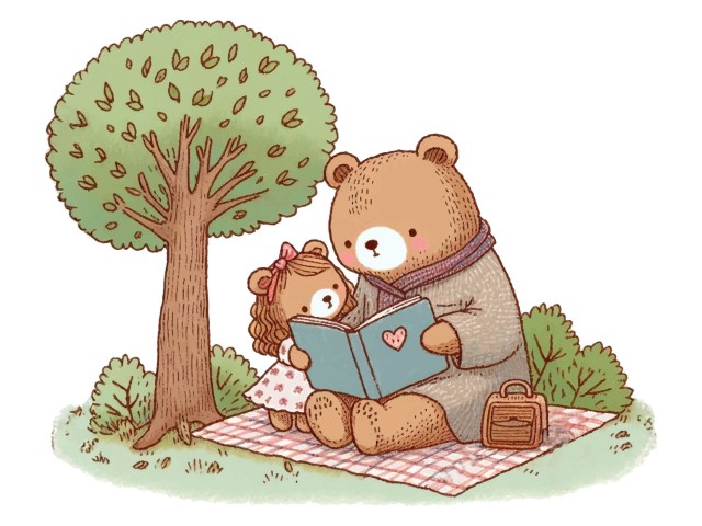 読書週間、熊の親子がピクニックで本を読むイラスト | 無料イラスト