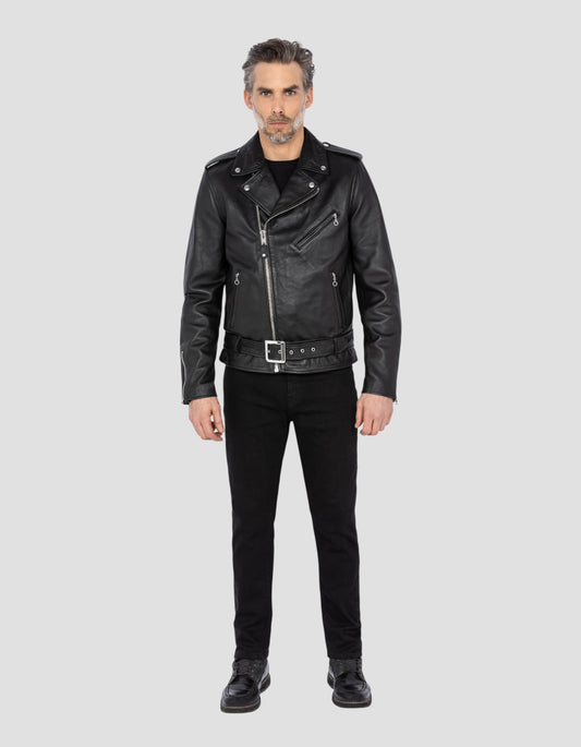 Perfecto® “Full Black” jacket with belt, cowhide leather