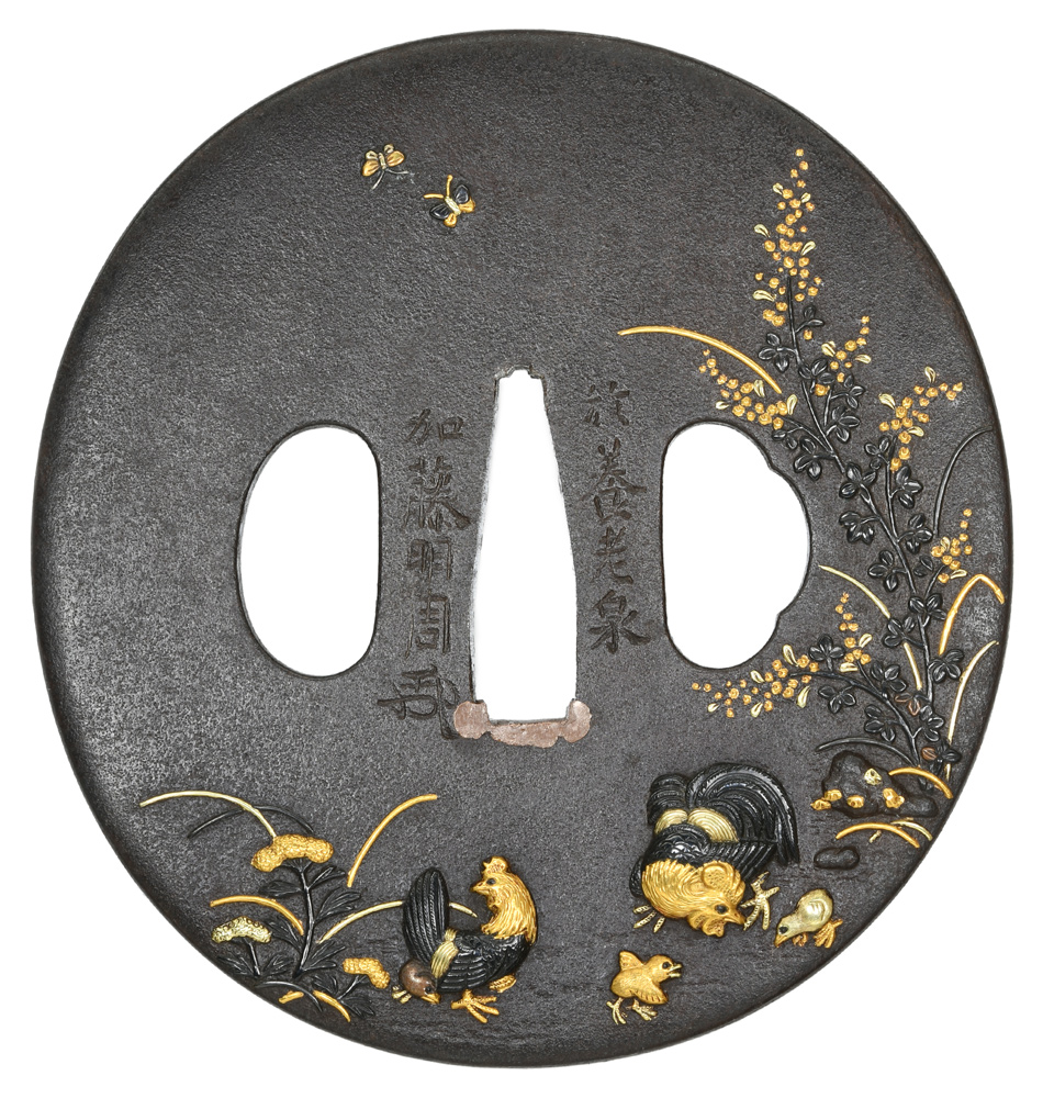 鍔 銘 加藤明周 秋草親子鶏図鍔 (TU-031121)｜刀・日本刀の販売なら